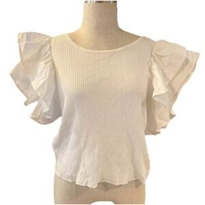 7th Avenue Crop Top Womens XL White Rubbed Ruffle Sleeve Round Neck Pullover
